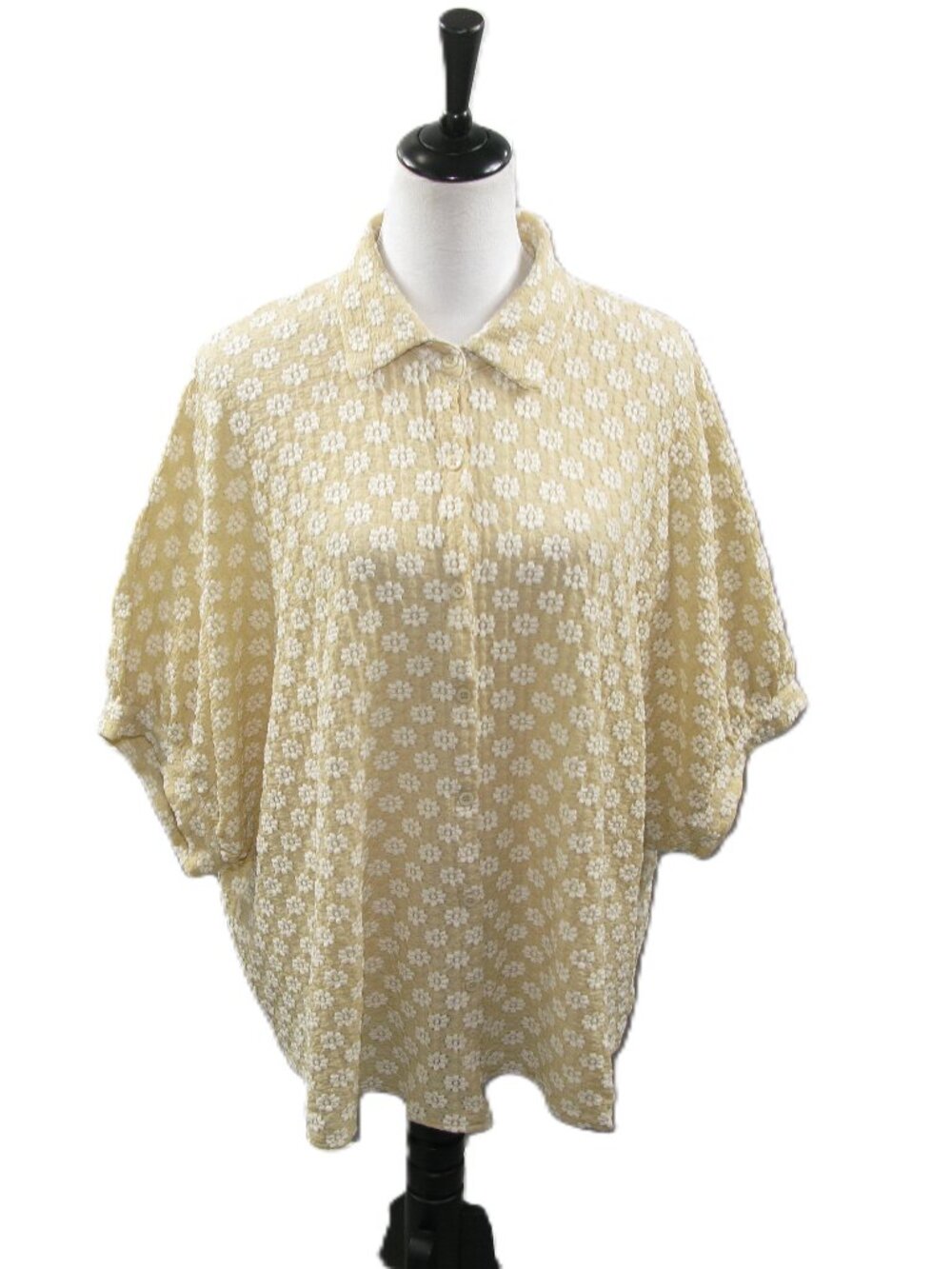 BiBi Taupe/Cream Floral Oversized Short Sleeve Button Front Blouse Size Large